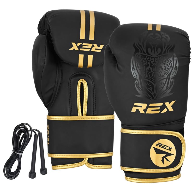 Rex Sports Boxing gloves with FREE Skipping Rope, Training gloves, Heavy duty punching gloves Boxing Gloves for punching bags & sparring training kids & adult size 2 OZ to 16 OZ (GOLD/BLACK, 8 OZ)