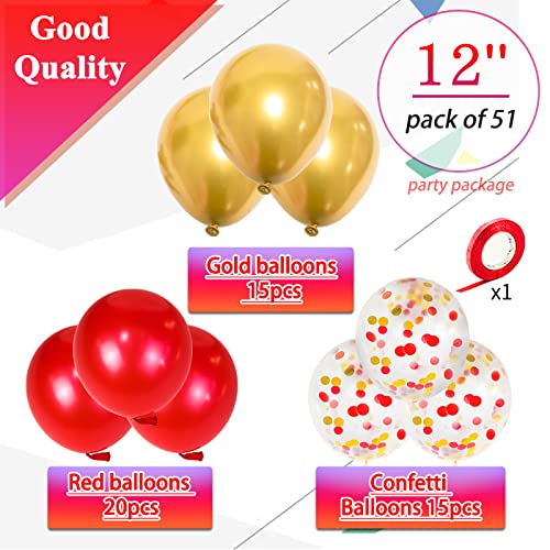 Image of Royal Red & Gold Latex Balloons - 12 Inch, Metallic Gold, Confetti Mix with Ribbon - 50 Pack for Birthday, Wedding, Baby Shower Parties