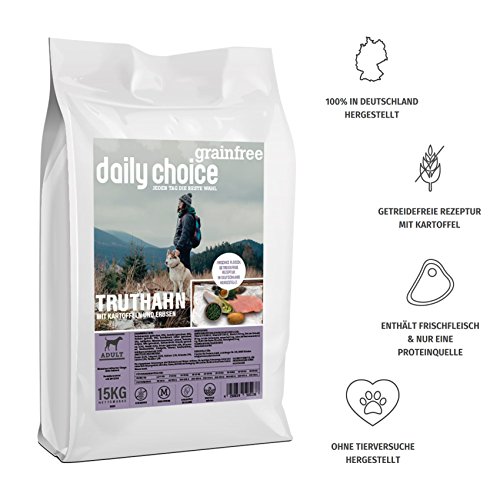 daily choice grainfree - 1,5 kg - Trockenfutter für Hunde - getreidefrei - Truthahn mit Kartoffeln und Erbsen - Monoprotein mit Frischfleisch - Enthält Chicorée, Grünlippmuschel und wertvolle Kräuter