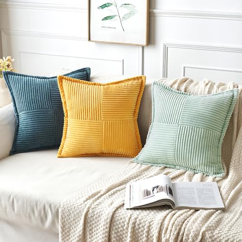 Image of MIULEE Decorative Throw Pillow Covers for Couch Bed Livingroom 18x18 Inch Set of 2 Mint Green Boho Accent Throw Pllows Broadside Striped Patchwork Soft Corduroy Summer Pillowcases