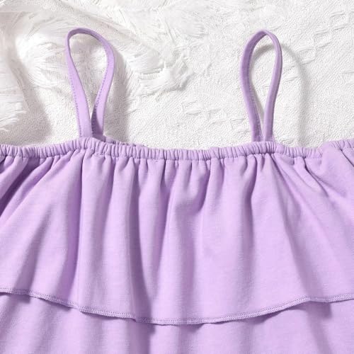 Image of Girl's 2 Pieces Outfits Spaghetti Purple Layered Crop Top and Butterfly Print Skirt Set with Belt 7-13 Years