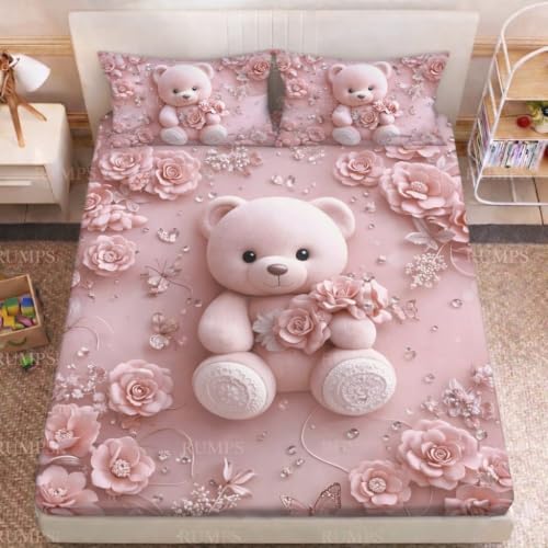 Image of RUMPS Premium 7D Digital Print Double Bedsheet - Luxury 90x100 Inch Flat Sheet with 2 Pillow Covers - High-Definition Teddy & Flower Pattern