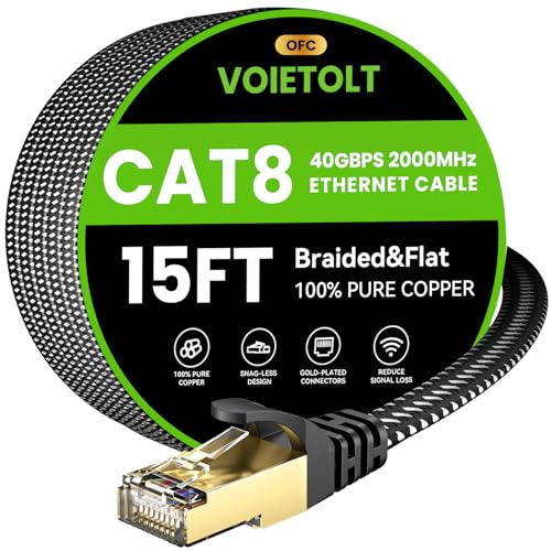 Image of Cat 8 Ethernet Cable 15 FT Flat, High Speed 40Gbps 2000Mhz Braided Internet Cable with Gold Plated RJ45 Network LAN Cable SSTP, Heavy Duty Ethernet Cord Compatible for PS4 /5, for Modems, PC /Laptop