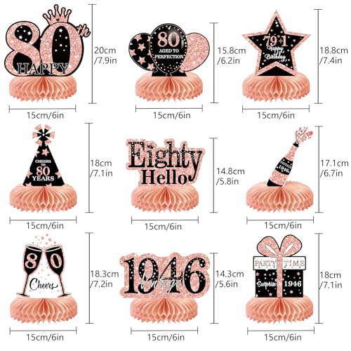 Image of 9Pcs 80th Birthday Decorations Honeycomb Centerpieces for Women, Rose Gold Happy 80th Birthday Centerpieces Tables Toppers Party Decorations Supplies, Vintage 1946 Aged Table Sign Decor