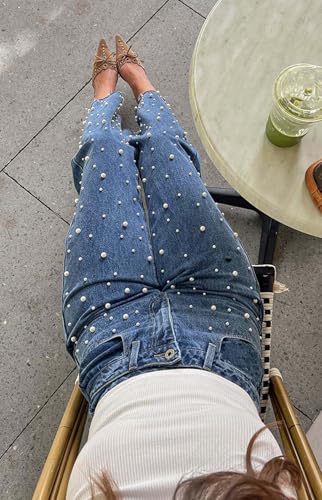 cffvdiz Women's Baggy Y2K Pearl Beaded Straight Leg Jeans Cross Waist Raw Edges Vintage Trendy Boyfriend Denim Pants3