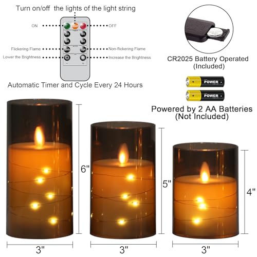Image of Wondise Flameless Flickering Candles with Embedded Star String Lights, Battery Operated with Moving Wick Acrylic LED Candles with Remote for Home, Wedding, Halloween, Christmas Decor