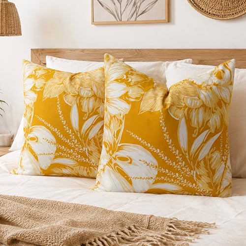 ERYOGS Decorative Velvet Throw Pillow Covers 18x18 Inch Set of 2, Yellow Tropical Leaf Botanical Pillow Covers, Boho Farmhouse Cushion Covers for Couch Sofa Bed Living Room Home Decor — view 3