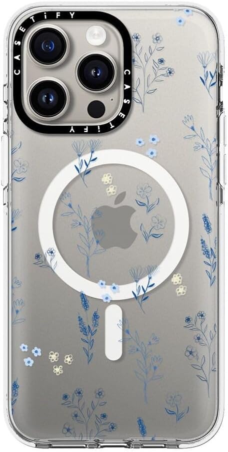 CASETiFY Clear Case for iPhone 15 Pro Max [Not Yellowing / 6.6ft Drop Protection/Compatible with Magsafe] - Flower Prints - Small Blue Flowers - Clear