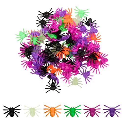 NIRJIK 100Pcs Colored Plastic Spiders Creepy Spider Toys for Halloween Party Decorations Fake Arachnid Props for Indoor Outdoor Pranks Haunted House & Table Scatter Halloween Decorations