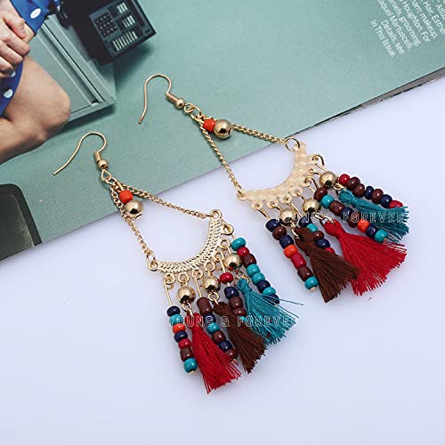 Image of Young & Forever Gift Boho Carnival Sea Island Long Tassel Earrings Handmade Beaded Bohemian Women Statement Beads Dangle Earrings Ethnic Jewelry Fringe Earrings