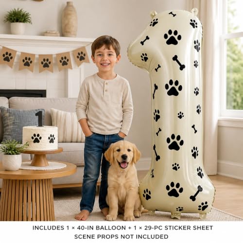 Image of 40 Inch Cream Beige Number 1 Foil Balloon DIY with Dog Paw Bone Stickers