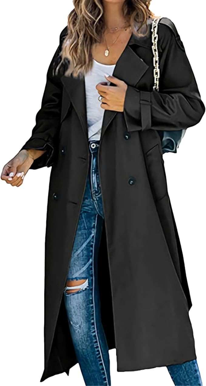 Womens Windproof Trench Coat Notched Lapel Double Breasted Long Overcoat Casual Fall Winter Windbreaker Outerwear