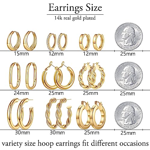 Image of Yesteel 9 Pairs Gold Hoop Earrings for Women, 14K Real Gold Plated Chunky Hoop Earrings Set for Women Hypoallergenic Thick Lightweight Earring for Womens Jewelry Gifts
