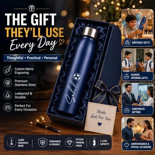 Image of Courage Personalised Stainless Steel Water Bottle 1 Litre | Custom Name Engraved Bottle | Leak-Proof, BPA-Free, Rust-Resistant | Stylish Gift for Kids, Women & Men | Office, School & Gym Use (Blue)