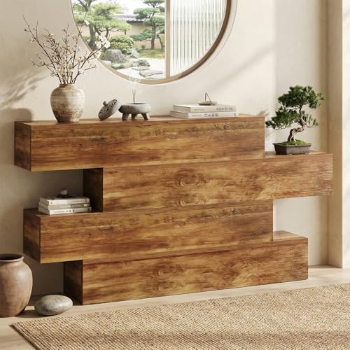 Image of knoworld 63 Inch Farmhouse Console Table with 4 Tier Storage, Rustic Wooden Sofa Table Behind Couch, Unique Staggered Entryway Table for Living Room, Long Hallway Foyer Table, Walnut