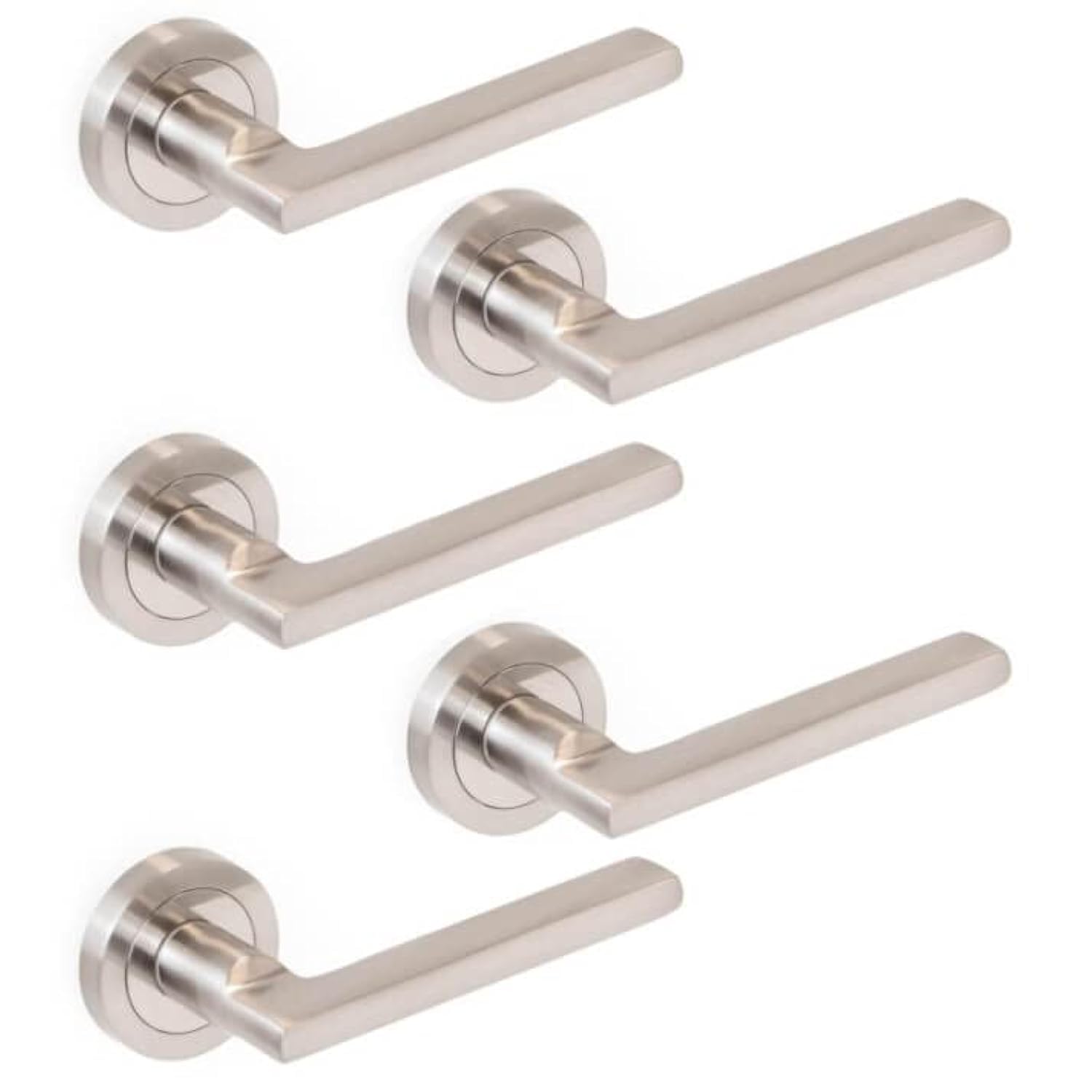 Jdel Brushed Nickel Pack Of 5 Interior Door Levers,Passage Door Handle Set With.50mm Rosette,Aluminum And Zamak, Satin Nickel