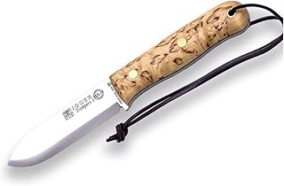 Joker Hunting Knife Trapero S CL124, Curly Birch Wood Handle, 3.94 inches Blade of Sandvik 14C28N, Leather Sheath, Tool fo...