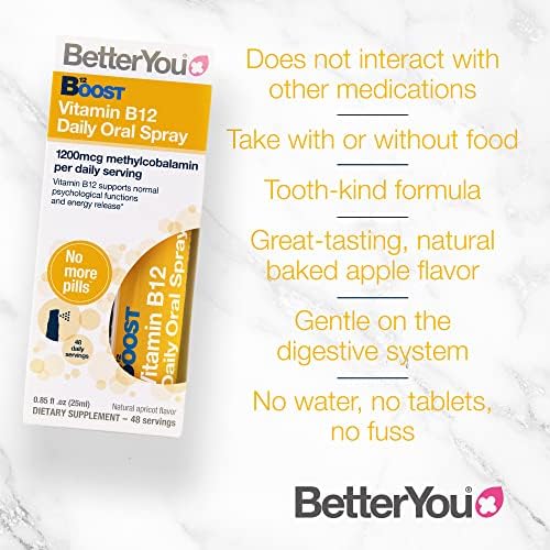 BetterYou Boost Vitamin B12 Daily Oral Spray | Vitamin Spray Supplement for Energy Boost | 1,200 IU Vitamin B12 | 25ml (192 Sprays) | Natural Apricot Flavour