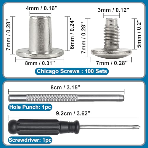 YORANYO 150 Sets 8MM Chicago Screws Leather Rivets for Fabric Chicago Binding Screws Buttons Metal Studs Rivets for Decorate and Repair Belts Bags Shoes Purse Dog Collar Leather Craft (Silver)