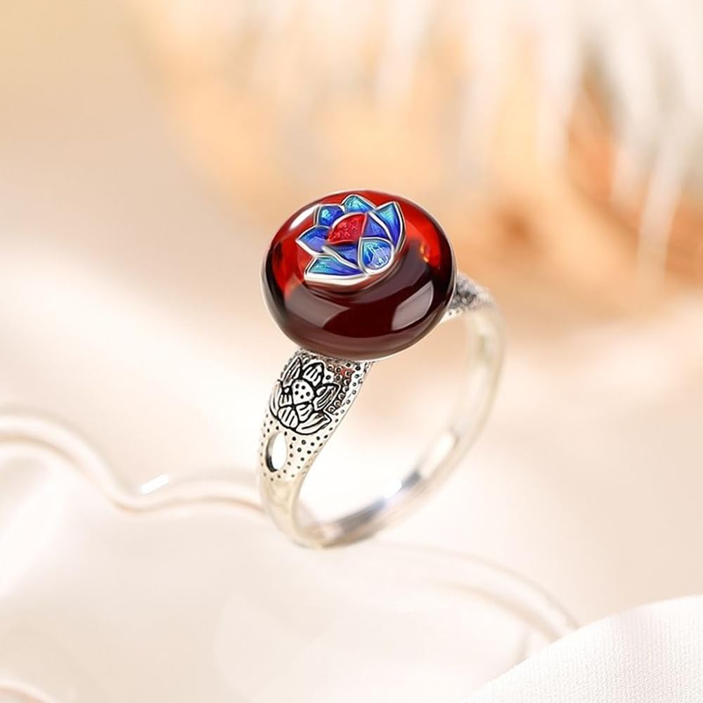 HMJGDHX S925-Silber mit natürlichem rotem Bernstein, Cloisonné-Lotusblume, Ping-An-Schnalle-Ring (verstellbare Öffnung), Ring für Damen, echte Jade