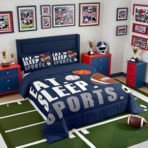 Image of Feelyou Football Comforter Set Full Size Kids Basketball Baseball Soccer Comforter for Boys Girls Sports Theme Bedding Set Breathable Soft Navy Blue Duvet Quilted Ball Game Room Decor