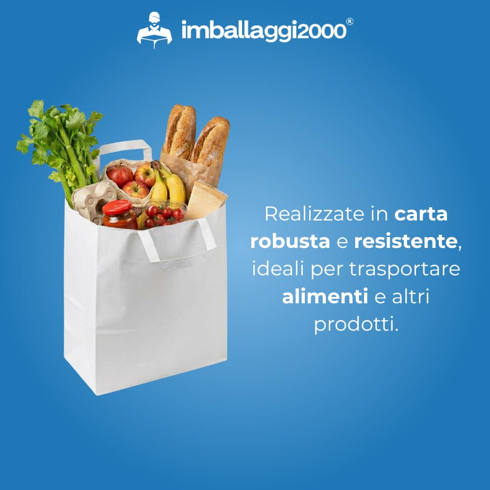 IMBALLAGGI 2000-50 Buste Shopper Carta Bianca 32x44x16 cm con Manici Piatta - Ecologiche e Resistenti