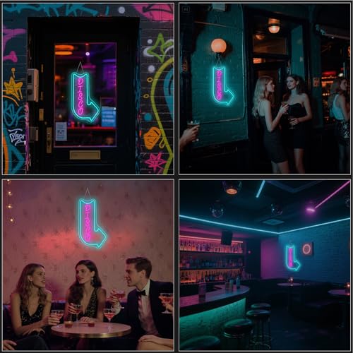 Image of Looklight Disco Neon Signs for Wall Decor Pink Blue LED Word Light Sign Right-Pointing Arrow Neon Light USB Light Up Letters Sign for Disco Lover Music Bar Music Studio Rec Room Bedroom Party Decor