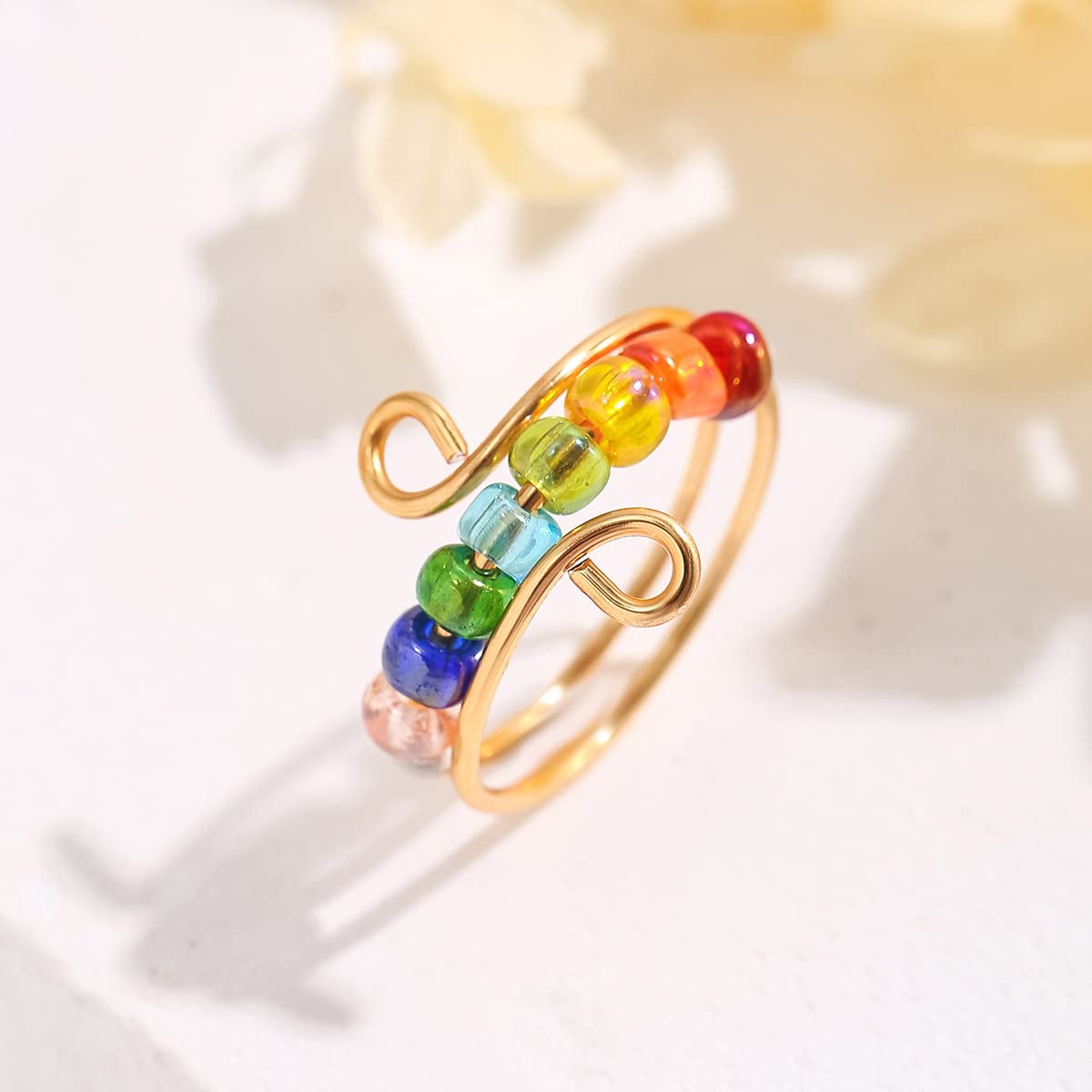 YAHOYA New Coloful Rainbow Beads Anxiety Ring Adjustable Anti Stress Spinner Fidget Ring Jewelry For Women
