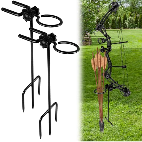 2 Pack Rotated Ground Blind Bow Holder with Arrow Holders, Rustproof Hunting Compound Bow Holder Stable Archery Bow Stand Versatile Ground Stake Archery Holder Accessories for Hunting Target Practice