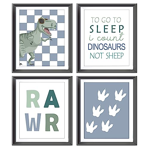 Image of Rawr Retro Checkered Dinosaur T-Rex Pawprints Poster Prints for Teen Boy Kids Room Playroom Decor,Dinosaurs Nursery Decorations Prints Wall Art Unframed 4pcs 8x10inches,Boys Kids Gifts