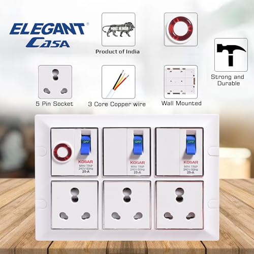 Image of ELEGANT CASA 16 AMP Universal Socket with MCB Protection Heavy Duty Multi Plug 8 Meter Extension Cord 3 Core 2.5MM Wire 2500W Spike Guard Circuit Breaker Power Strip White 1 Set