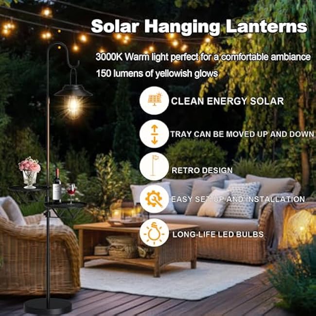 60 Solar Floor Lamp with Detachable Hanging Lantern & Small Side Table - Cordless, Waterproof Outdoor Lighting for Deck, Patio, Garden, Porch - Weatherproof Iron Floor Light- Two Small side tables