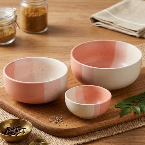 Image of The Earth Store Tritone Pink Ceramic Serving Bowl Set of 3 - 800ML, 500ML, 150ML Microwave Safe Bowl, Elegant Serving Bowl | Ceramic Bowl Set of 3 for Home | Restaurants | Gifting