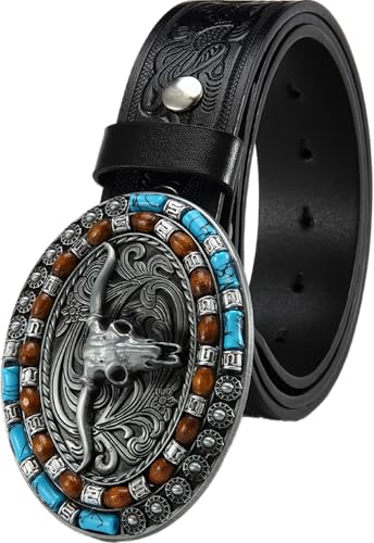 DOOPAI Men's Western Cowboy Belt – Longhorn Bull Pattern Buckle with Printed Engraving, Adjustable Strap, Fits Jeans