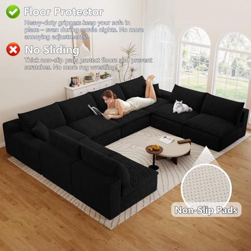 Image of 136 inch Cloud Couch Modular Sectional Sofa for Living Room, U-Shape Boneless Couch with Deep Seat, Modern Corduroy 8-Seater, No Assembly Required, Black