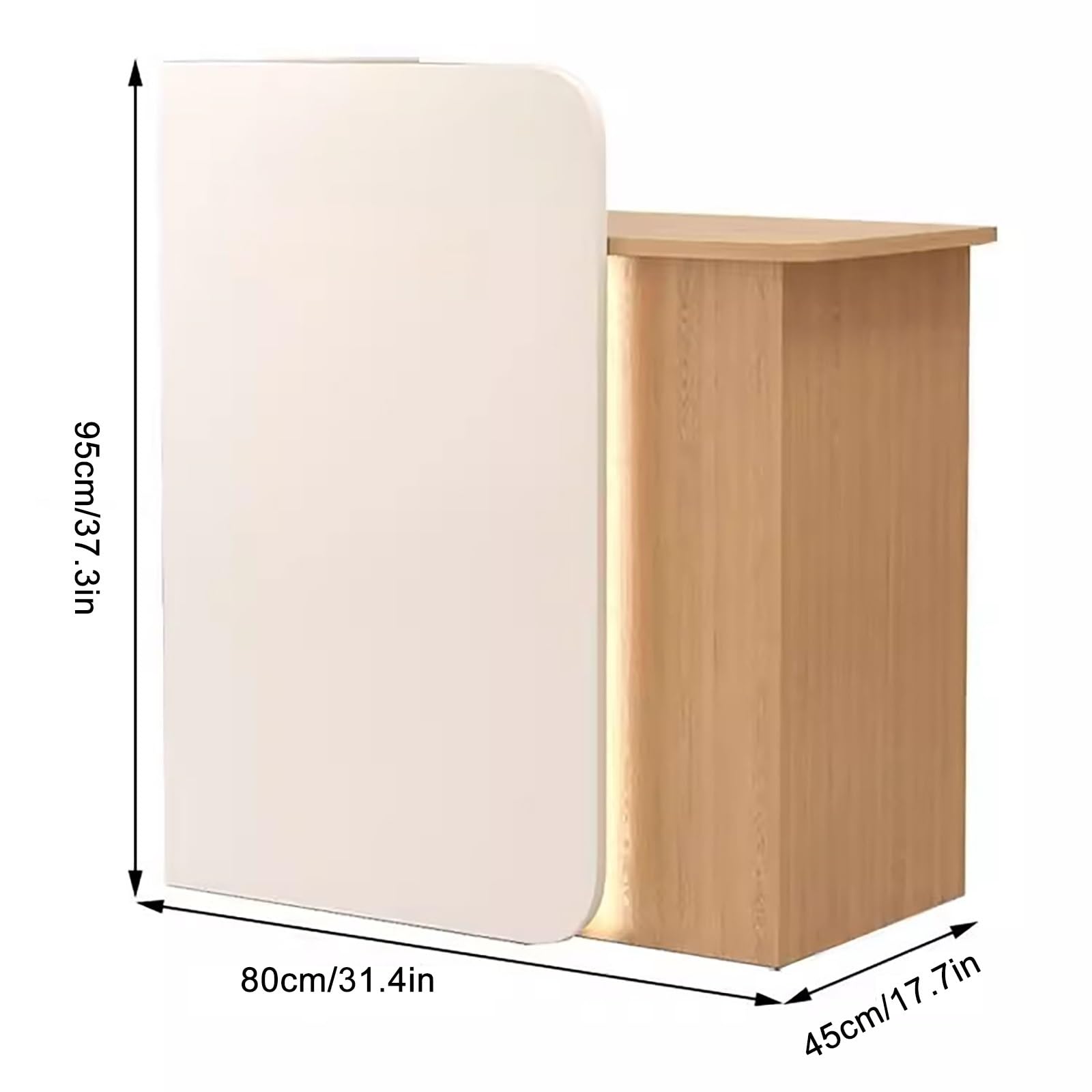 Moderno piccolo banco di ricezione con luci LED, cassetti chiudibili e frontale in legno, elegante banco di vendita al dettaglio per la reception