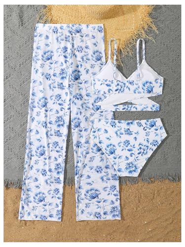 Girl's 3 Piece Floral Swimsuit Cut Out Crisscross Bathing Suit with Cover Up Pants2