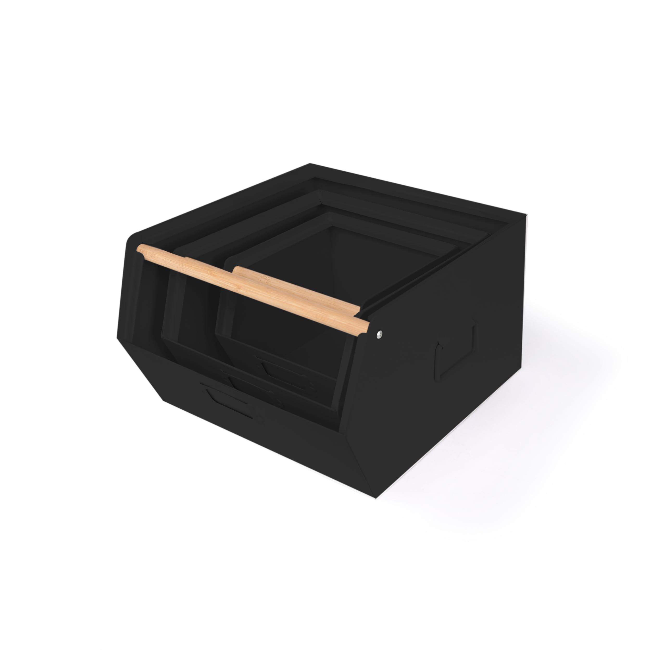 XZ-22276-2 Juego de 3 Cajas de Metal Apilables con Mango de Madera - Organizadores Multiusos para Cocina, Oficina o Hogar - Fuertes, Elegantes y Duraderas (Negro)