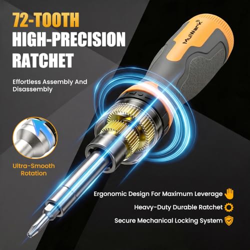 Image of Mulwark 16-in-1 Ratcheting Multi-Bit Screwdriver Set, S2 Steel Screwdriver with 1 /4 inch & 5 /16 inch Nut Drivers, Nickel Coated Anti-Rust screw driver, Max Torque Soft Handle for Home Repair & DIY