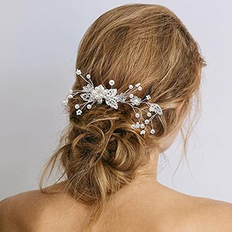 MA STRAP Bridal Wedding Hair Comb Crystal Rhinestones Pearls Women Hair Side Combs Bridal Head Pin Headpiece (Style 2) (Silver) Cover