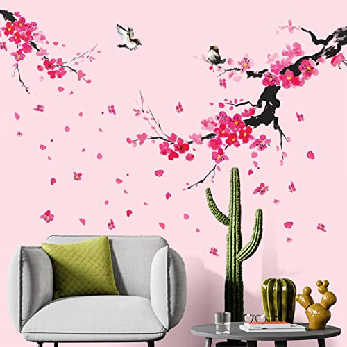Amaonm Removable 3D Pink Red Plum Blossom Wall Decals Black Tree Branch And Birds Wall Sticker Diy Falling Flowers Wall Decor For Kids Girls Baby Teens Bedroom Living Room Office Nursery Tv Sofa Wall Corner Background Decoration (Plum Blossom) #TOP5
