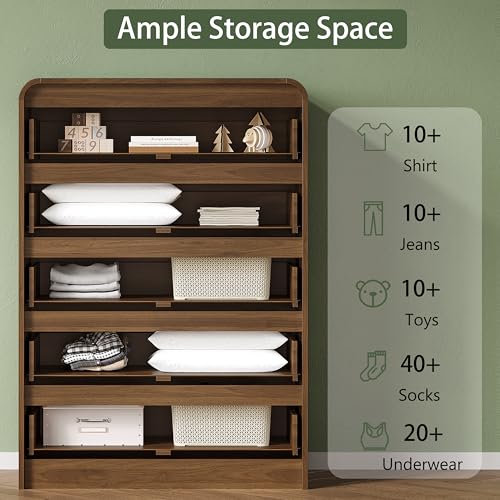 Image of 5 Drawer Dresser for Bedroom, 45 inch Tall Fluted Dresser with Curved Edge and Ergonomic Handleless, Large Wooden Clothes Storage Organizer, Modern Chest of Drawers for Closet, Living Room, Walnut