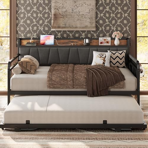 LIKIMIO Daybed with Trundle Bed, Twin Bed Frame with Storage Headboard and Charging Station, Sofa Day Bed with Strong Supports for Living Room, Bedroom, and Guest Room, Grey