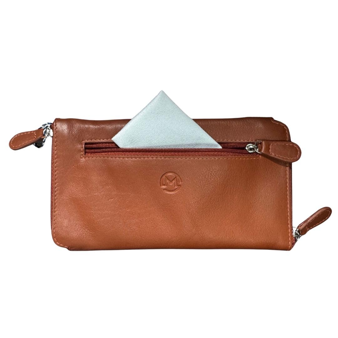 Mala Leather Black/Orange/Pink Double Zipped Leather Glasses Case – Holds 2 Pairs Of Glasses - Tan