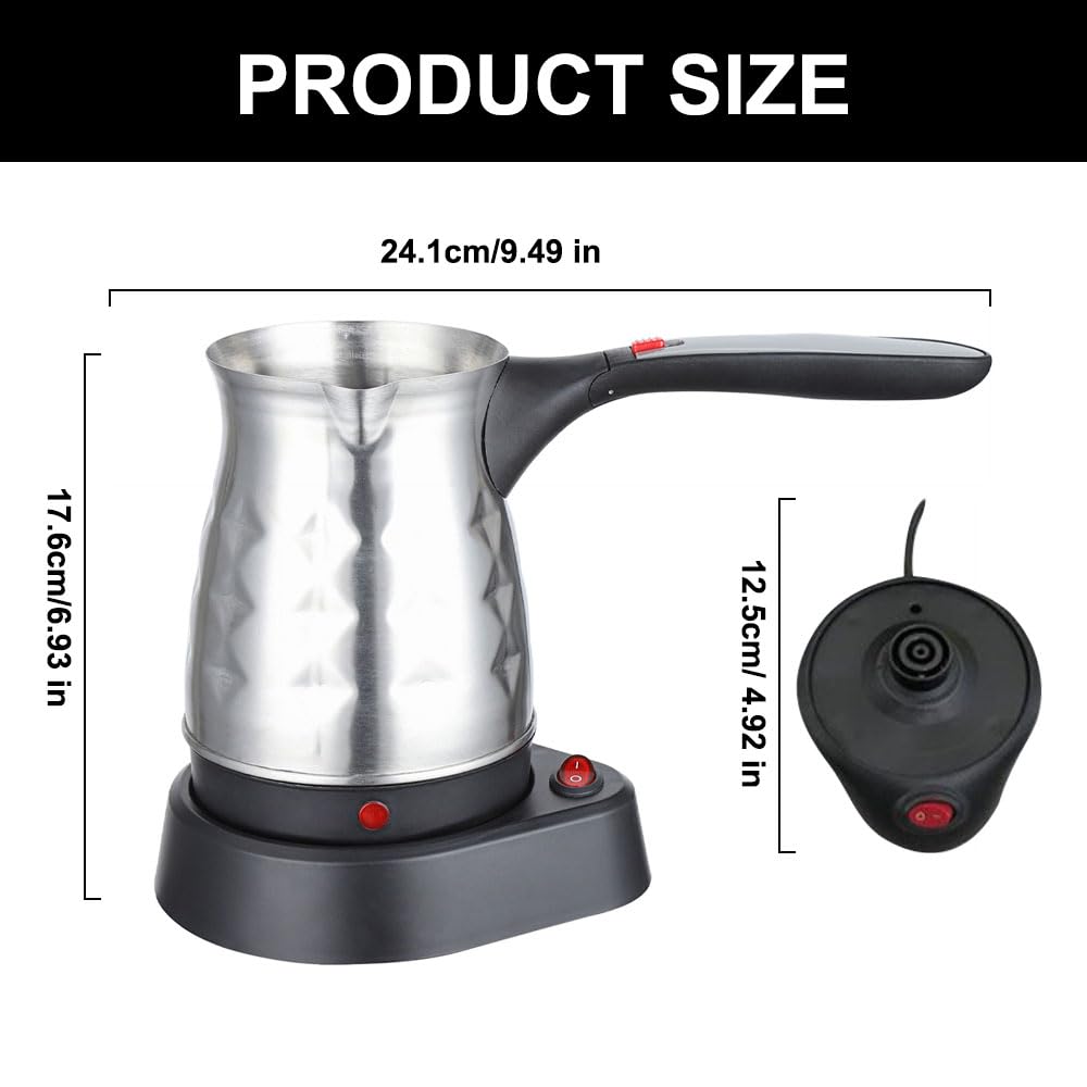 Elektrische Kaffeekanne, 500 ml Elektrische türkische Kaffeekanne, Edelstahl-Kaffeekessel mit Henkel, Elektrische Kaffeekocher für Zuhause Camping Büro Reisen