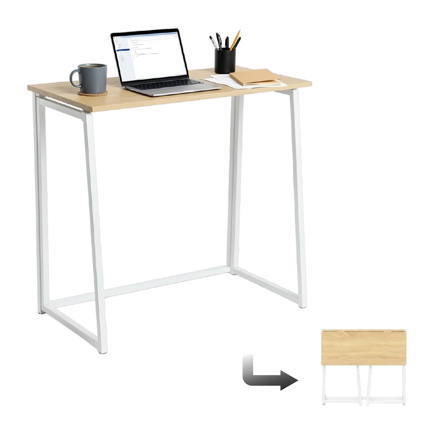 Meuble Cosy Bureau Informatique Pliant pour Petits Espaces Postes de Travail Table d'Ordinateur Pliante, Assemblage Facile, Cadre en Métal, Chêne + Blanc, 80x40x74cm