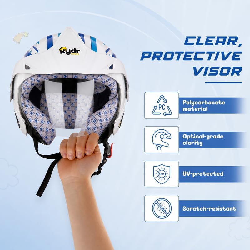 Image of Rydrkids Star S Peak - Kids Motorcycle Helmet with Visor & Peak - Size S 3 to 7 Years, Lightweight & Adjustable Safety Helmet for Boys and Girls