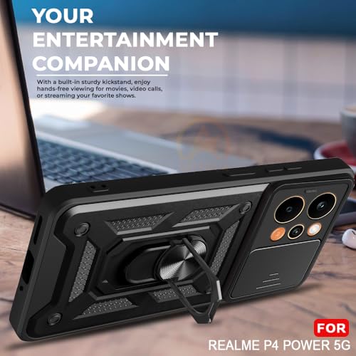 Image of Armor Bumper Back Cover Case for Realme P4 Power 5G | Rotating Camera Cover, Ring Holder & Kickstand | Heavy Duty & 360 Degree Protection Back Cover (Black)