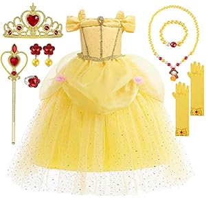 YYDSXK Disfraz Princesa Niña, Disfraz Bella y Bestia Niña con Conjuntos de Collar de Corona Princesa, Vestido Princesa Niña, Rosa Bella y Bestia Vestido Elegante para Fiesta Cosplay Cumpleaños