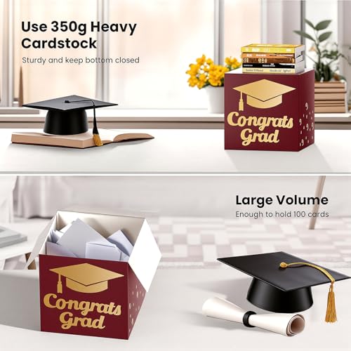 Image of OLANRUN 9 inch Graduation Card Box, Graduation Decorations 2026 - Congrats Grad Foldable Cardstock Money Box for Class of 2026 Grad Party Decor (Red Gold)